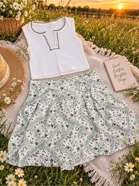 White & Sage Floral Print Women's Shorts  And Ribbed Tank- Casual Summer outfit